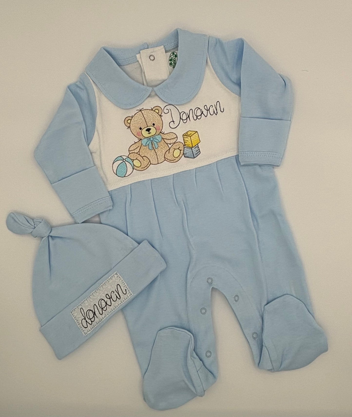 Footed Sleeper: Teddy Bear with Blocks , includes Matching Beanie