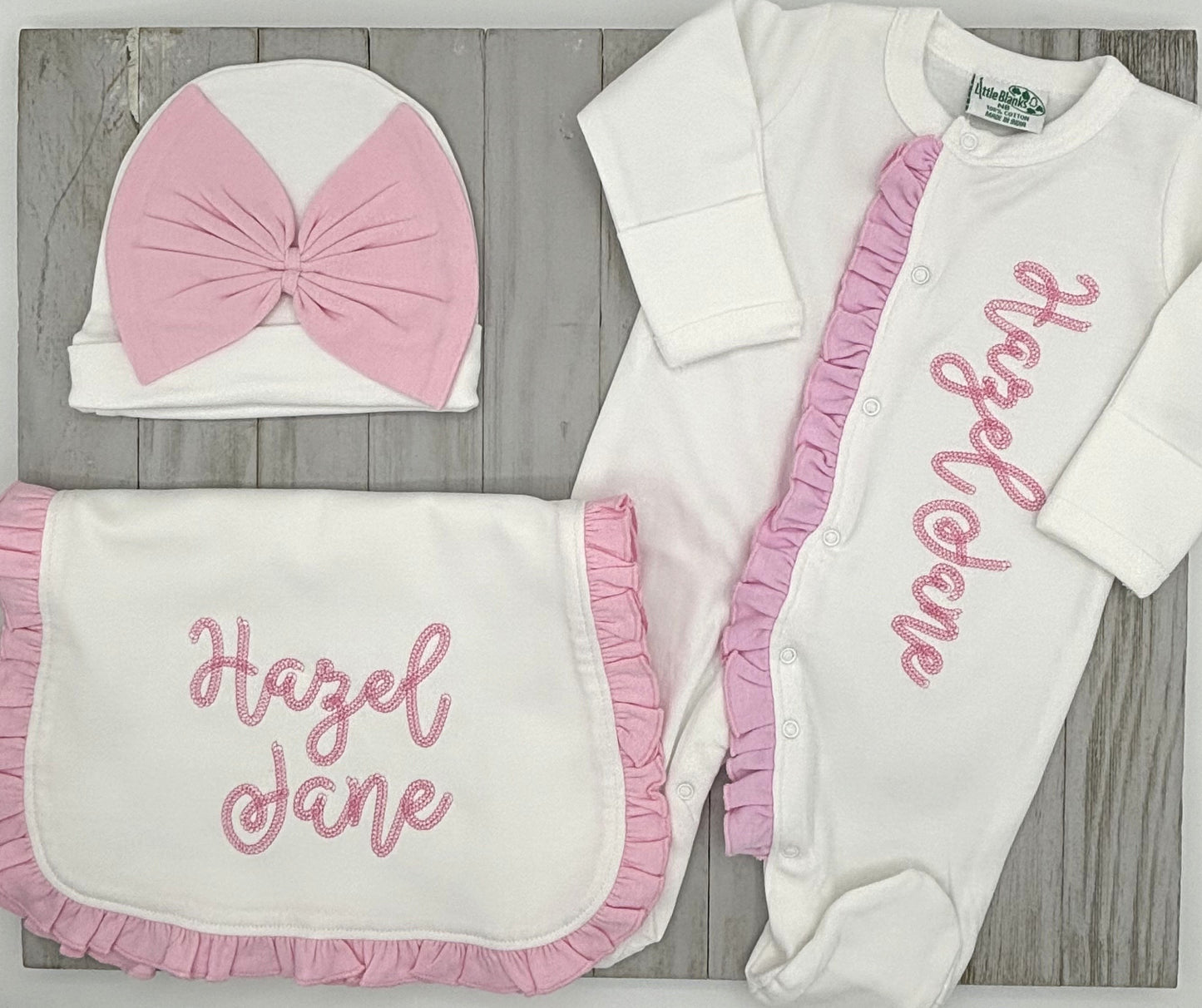 Newborn Footed Sleeper, White with Pink Ruffle