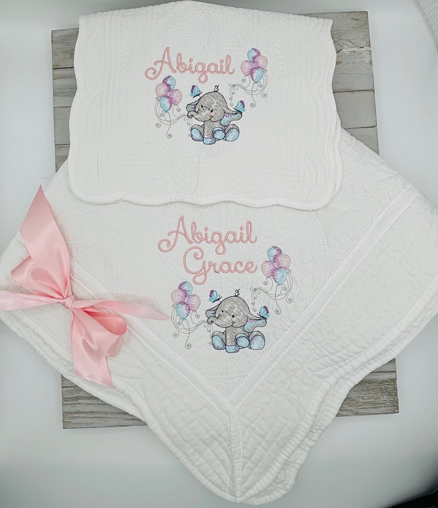 Baby Elephant Heirloom Quilt with optional matching burp cloth