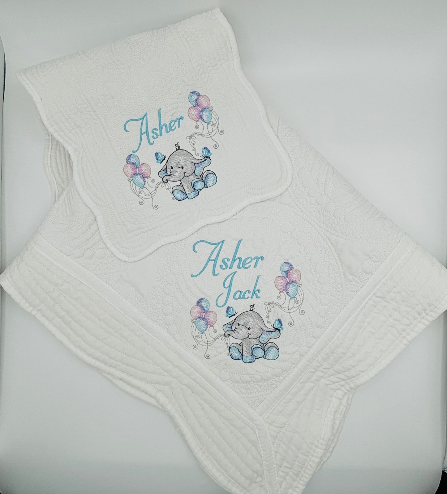 Baby Elephant Heirloom Quilt with optional matching burp cloth