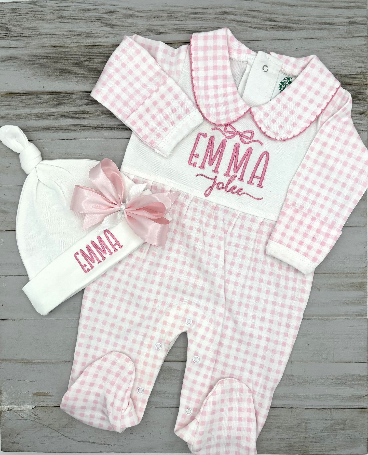 Footed Sleeper: Baby Girl: Pink Gingham Check with matching beanie