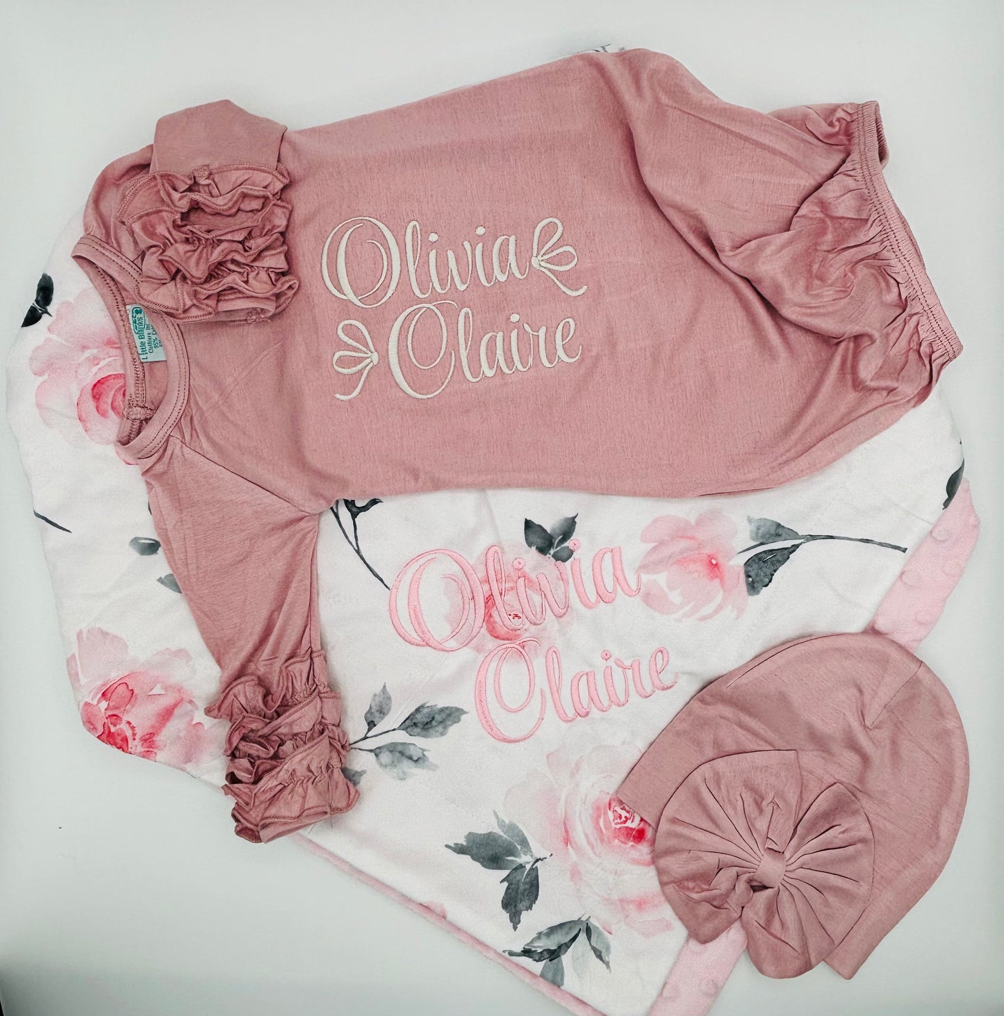 Dusty Pink Ruffle Gown with Matching Beanie ( blanket not included)