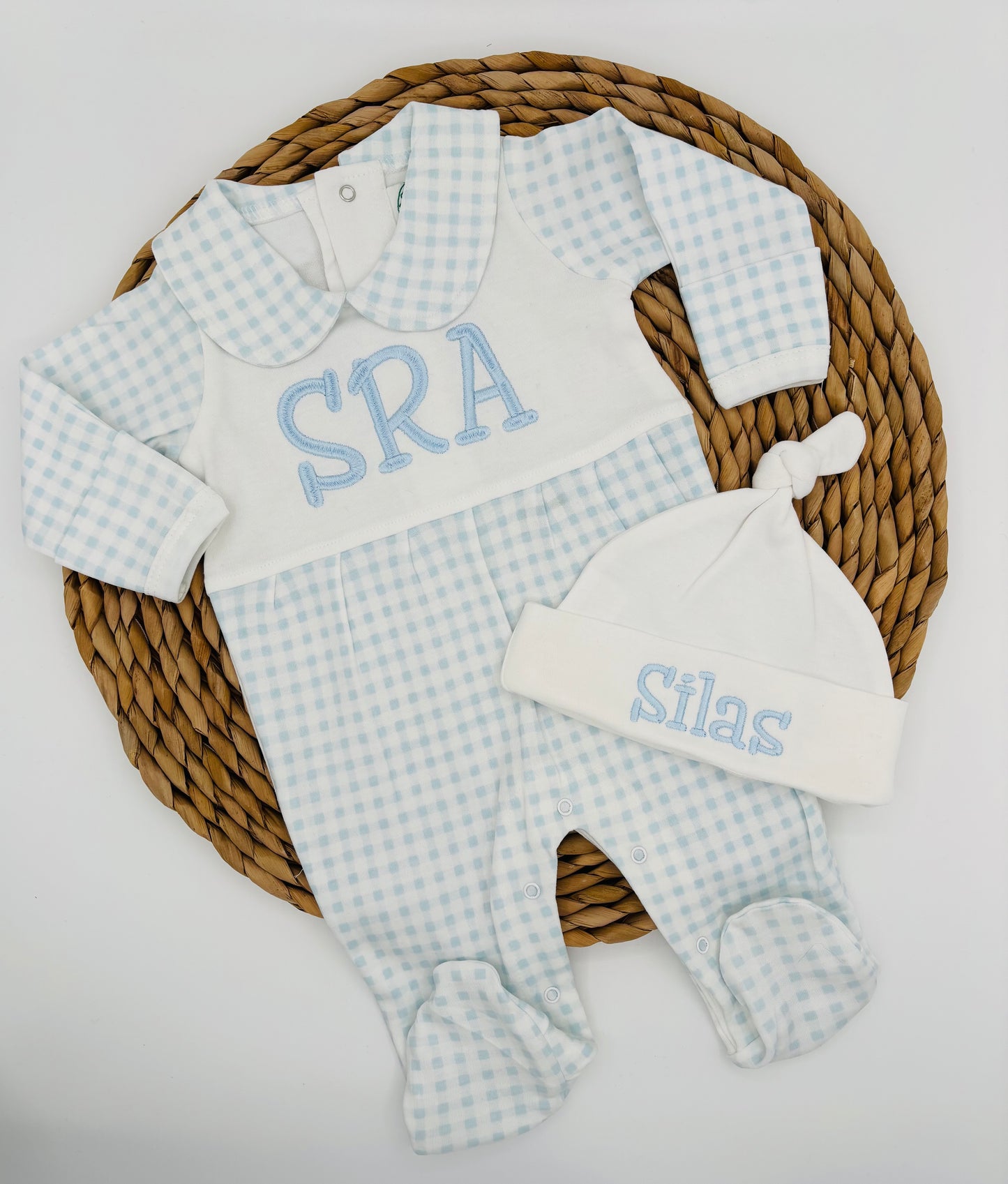 Footed Sleeper: Baby Boy: Blue Gingham Checkered,