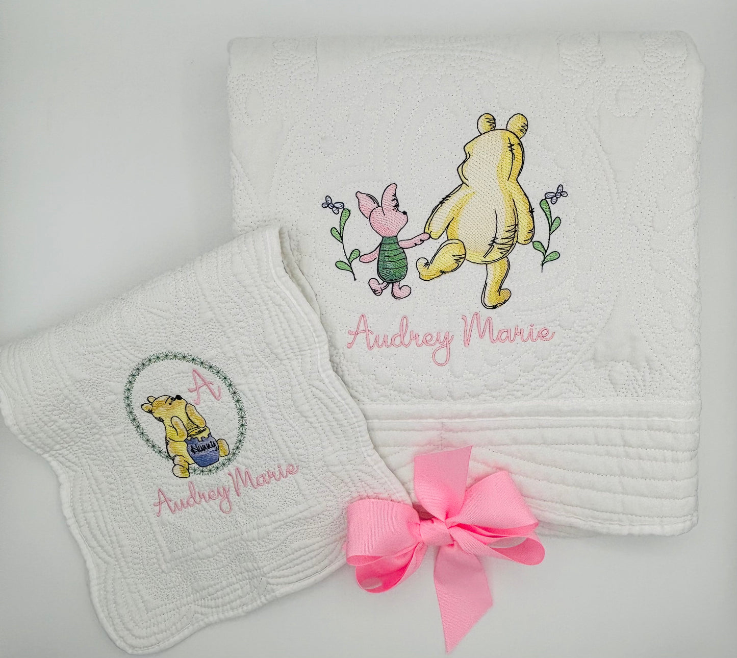 vintage Winnie and Friend, Heirloom Quilt with optional matching Burp Cloth