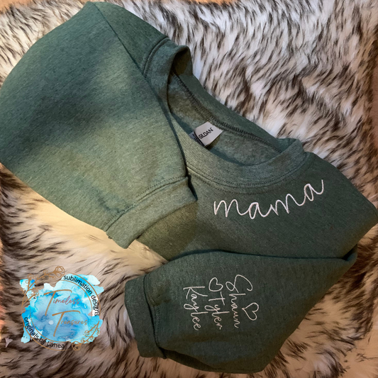 Mama Curved Neckline Embroidered Crewneck personalized with names on Sleeve lol