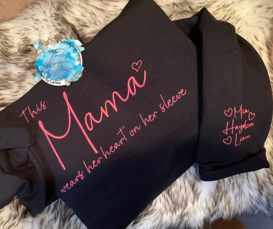 This Mama Wears Her Heart On Her Sleeve, Embroidered Crewneck Sweatshirt