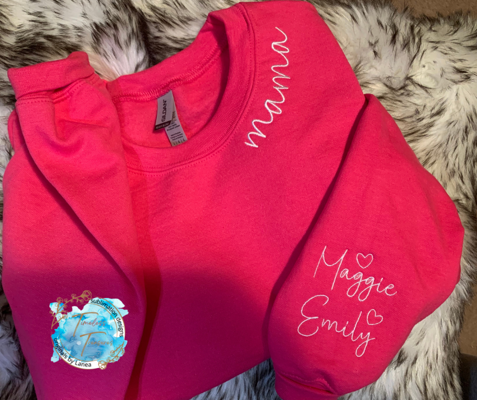 Mama Curved Neckline Embroidered Crewneck personalized with names on Sleeve lol