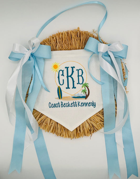 Surf theme birth announcement banner embroidered