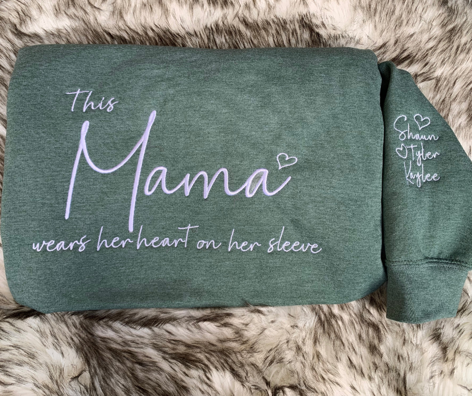 This Mama Wears Her Heart On Her Sleeve, Embroidered Crewneck Sweatshirt