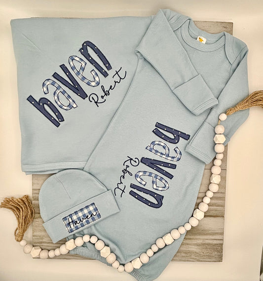 Baby Boy Applique Layette: Full Set or  Gown and Hat only