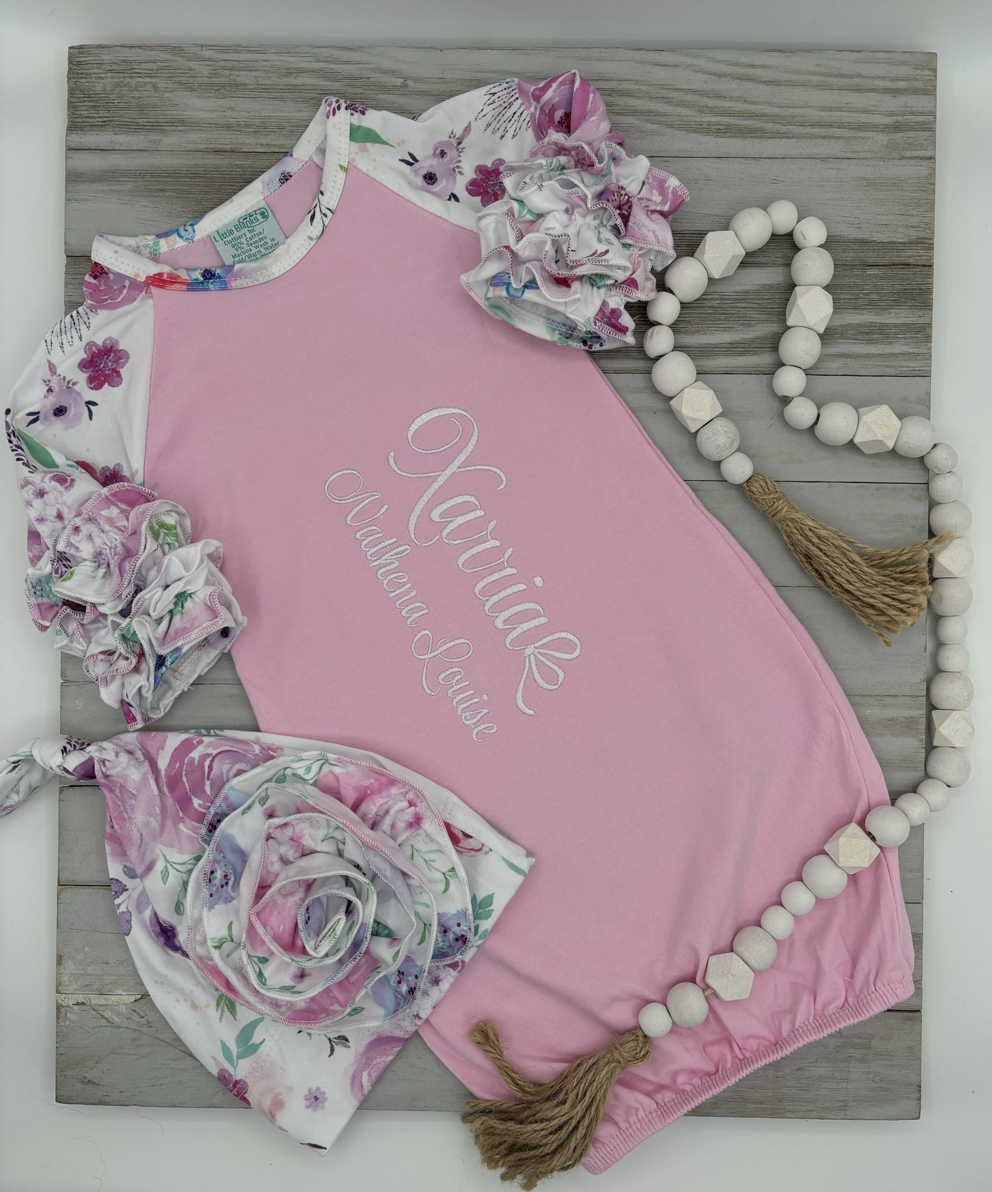 Watercolor Floral Layette: Gown with Applique Blanket or Gown and Hat Only