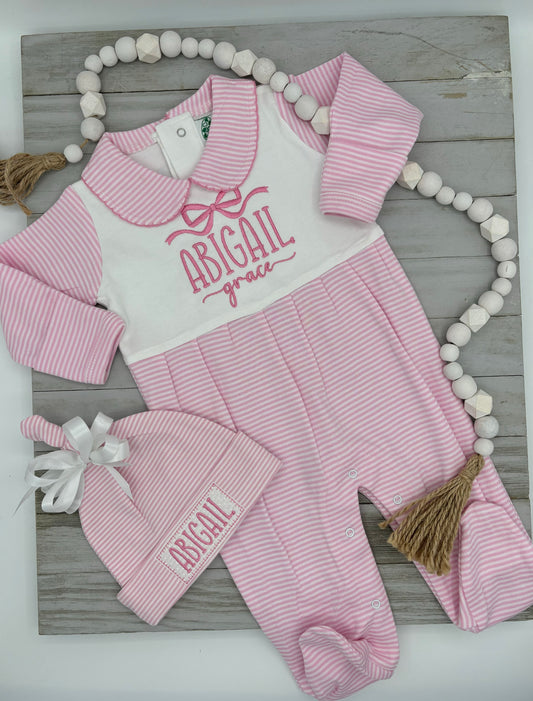 Footed Sleeper: Pink Striped with matching beanie