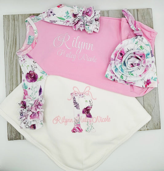 Watercolor Floral Layette: Gown with Applique Blanket or Gown and Hat Only