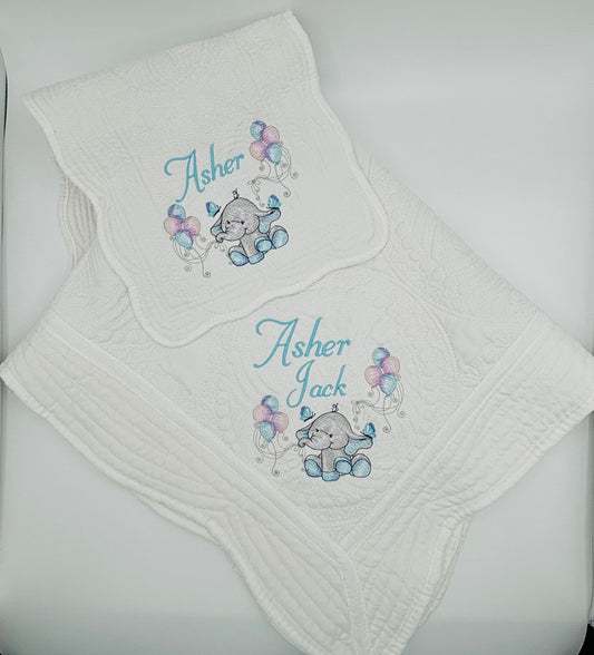 Baby Elephant Heirloom Quilt with optional matching burp cloth