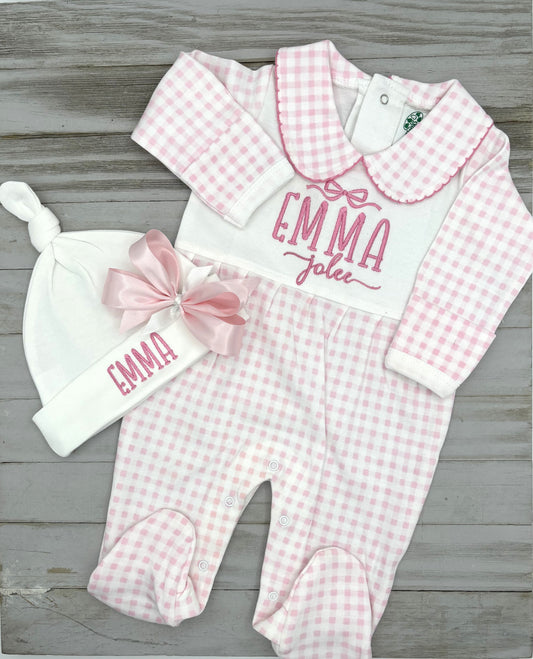 Footed Sleeper: Baby Girl: Pink Gingham Check with matching beanie