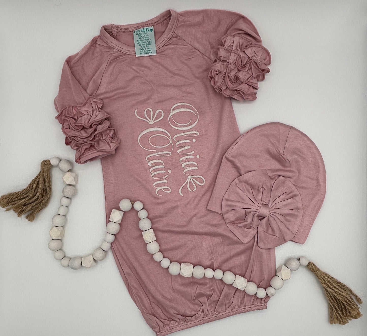 Dusty Pink Ruffle Gown with Matching Beanie ( blanket not included)