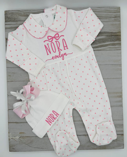 Footed Sleeper: Pink Swiss Dot with matching beanie