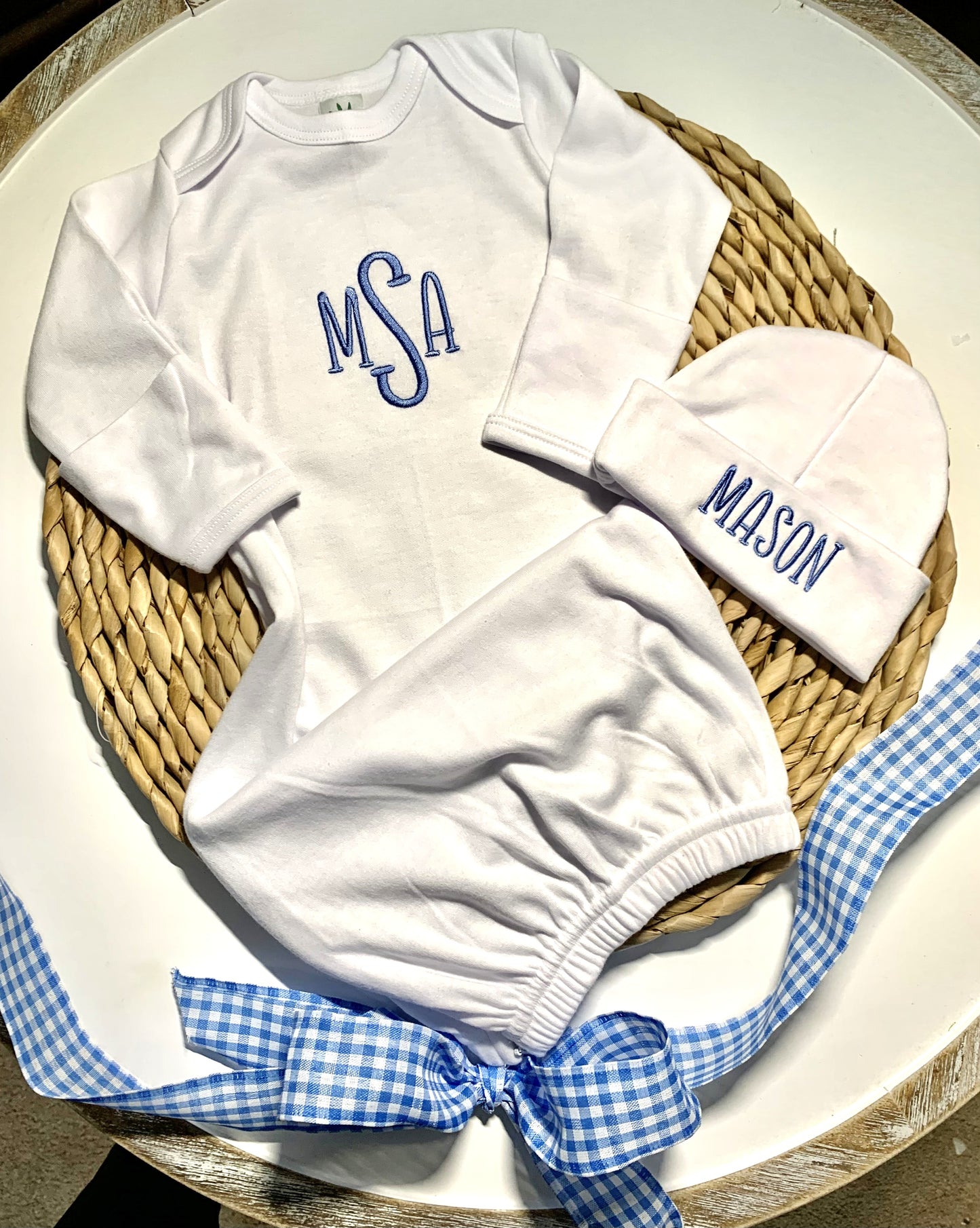 Basic Monogram Layette: Gown, Hat, Bib and Blanket