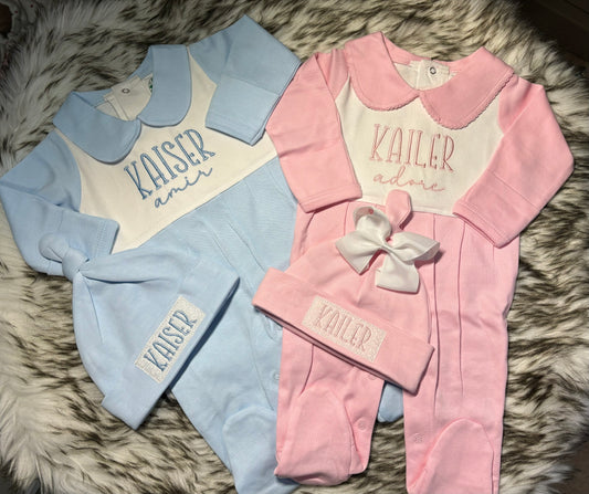 Footed Sleeper with matching beanie, Blue or Pink