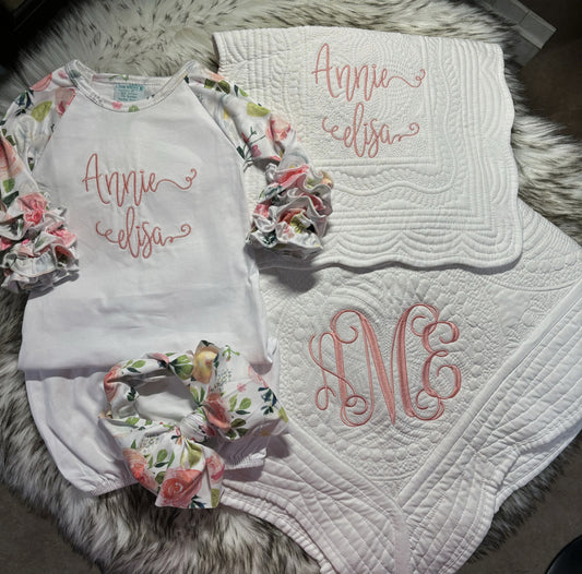 Chantilly Floral Layette: Gown with hair band, quilt and burpcloth
