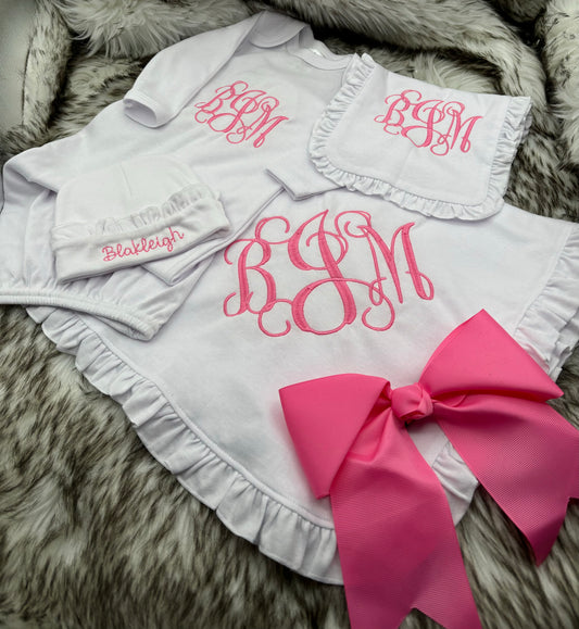 Basic Monogram Layette: Gown, Hat, Bib and Blanket