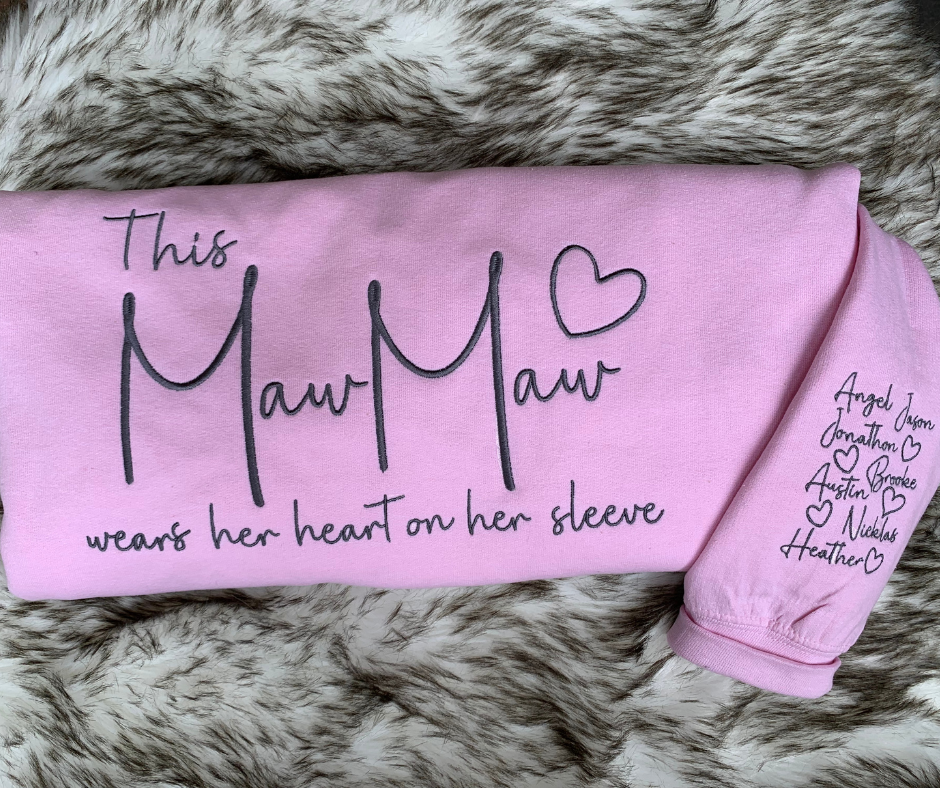 This Mama Wears Her Heart On Her Sleeve, Embroidered Crewneck Sweatshirt