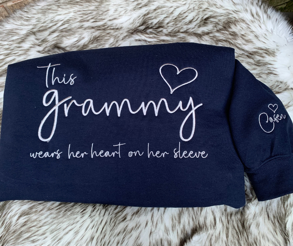 This Mama Wears Her Heart On Her Sleeve, Embroidered Crewneck Sweatshirt